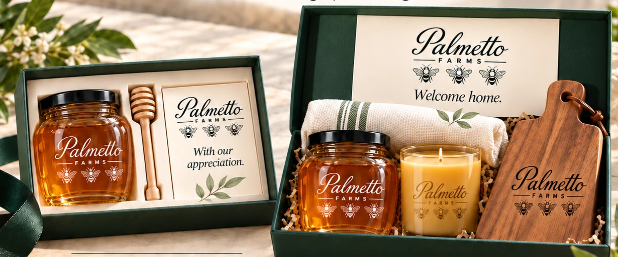 Palmetto Farms honey gift and serving-board gift presentation examples